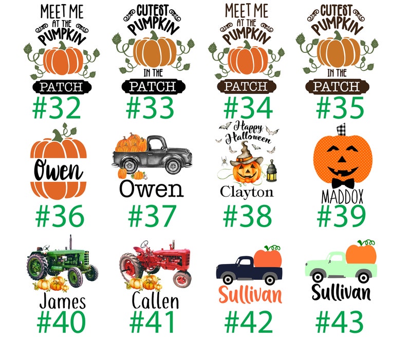 May include: A set of 12 pumpkin-themed iron-on transfers for clothing. The designs include pumpkins, trucks, tractors, and text that says "Meet me at the pumpkin patch", "Cutest pumpkin in the patch", "Happy Halloween", and "Owen".