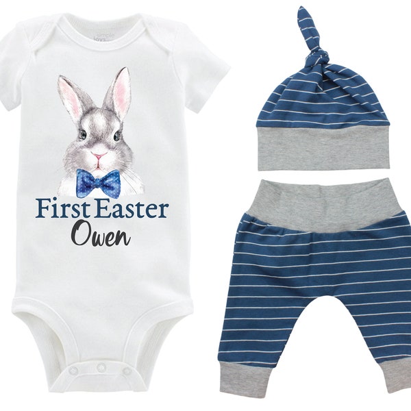 Boy First Easter Outfit Personalized Baby Easter Bunny Bow Tie Going Home Outfit Yoga Pants Navy Gray Stripe Boy Knot Hat Baby Gift