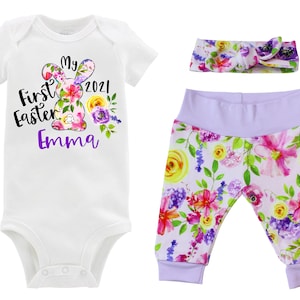 My First Easter Outfit Girl Personalized Bunny Floral Pink Purple Watercolor Floral Yoga Pants Knot Headband Knot Hat Girly Spring Baby