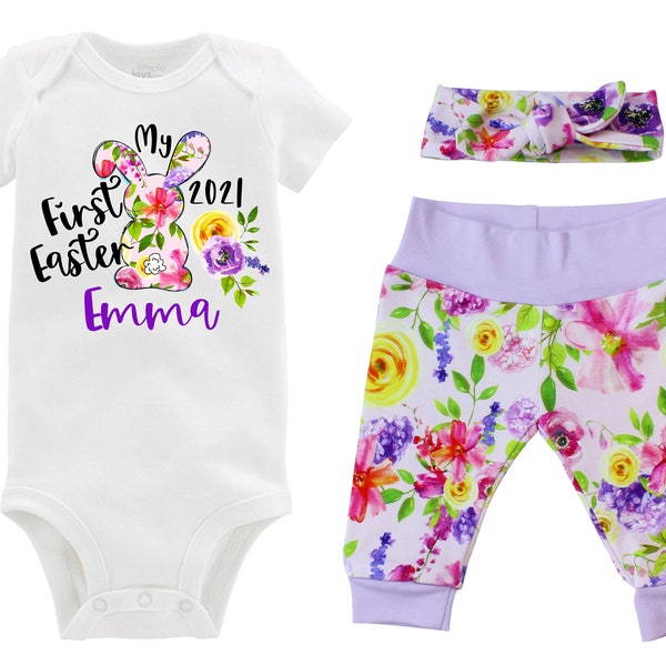 My First Easter Outfit Girl Personalized Bunny Floral Pink Purple Watercolor Floral Yoga Pants Knot Headband Knot Hat Girly Spring Baby