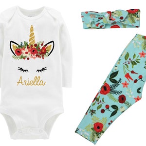 Floral Christmas Unicorn Outfit Personalized Aqua Christmas Floral Leggings Gold Sparkle Holly Berries Bodysuit Knot Headband Leggings