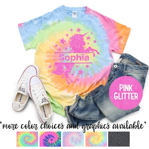 Unicorn Personalized Tie Dye Shirt Shirt  Bright Pink Glitter Vinyl Rainbow Shirt Tie Dye Unicorn Glitter Girl Shirt