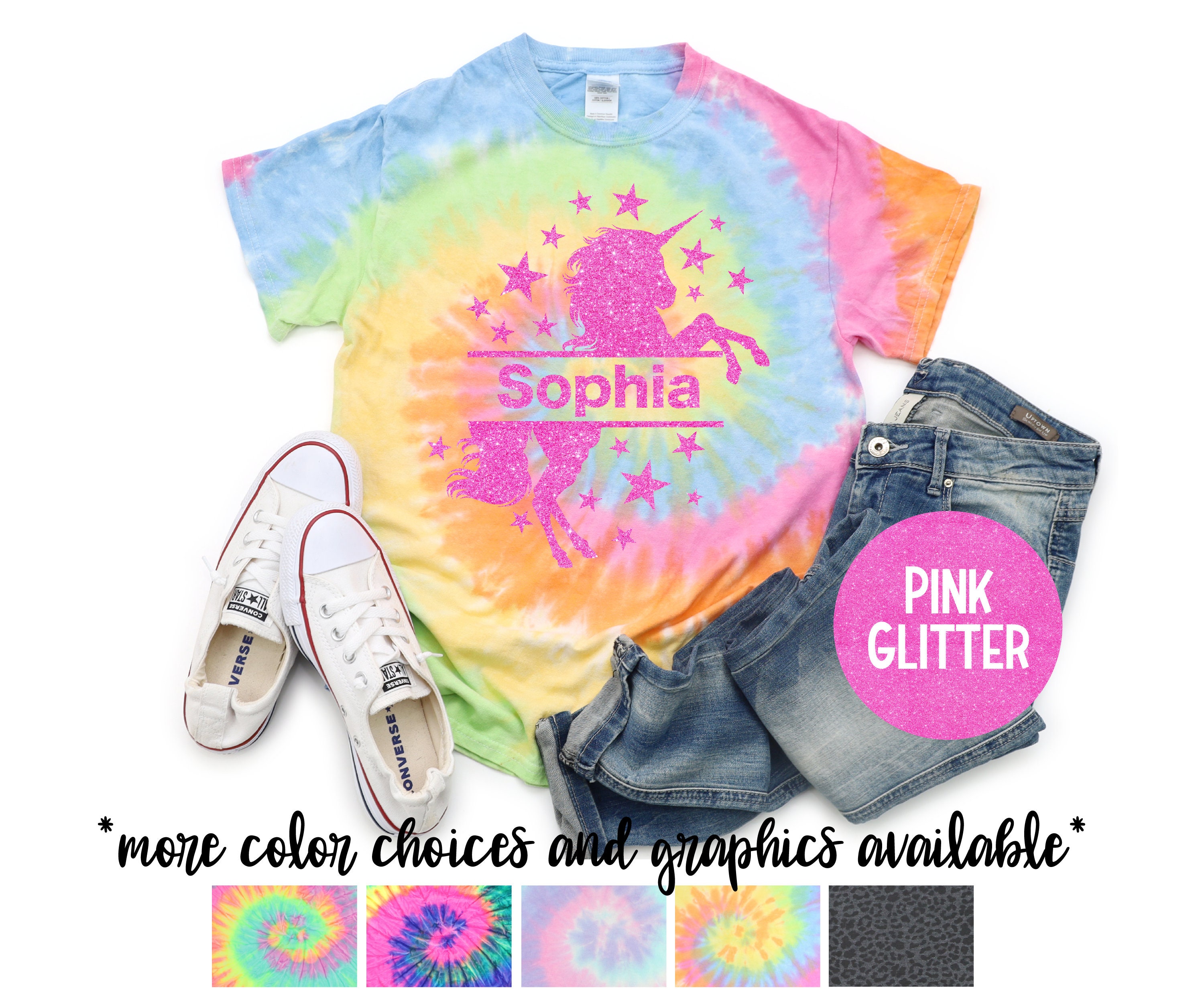 Unicorn Personalized Tie Dye Shirt Shirt Bright Pink Glitter