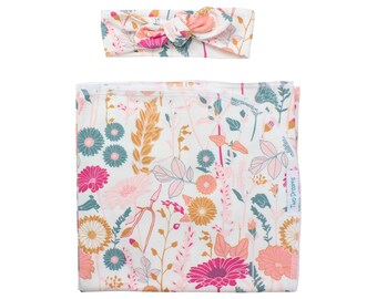 Floral Newborn Swaddle Set Blanket for a Girl Pink Coral Peach Top Knot Headband Jersey Knit Blanket Infant Gift Baby Shower Flower Field