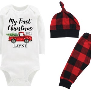 Boy My First Christmas 2022 Outfit Personalized Old Red Truck Christmas Tree Bodysuit Buffalo Flannel Pants Winter Boy Red Black Plaid Pants