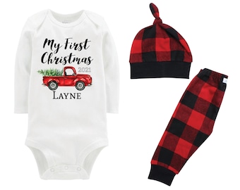 Boy My First Christmas 2024 Outfit Personalized Old Red Truck Christmas Tree Bodysuit Buffalo Flannel Pants Winter Boy Red Black Plaid Pants