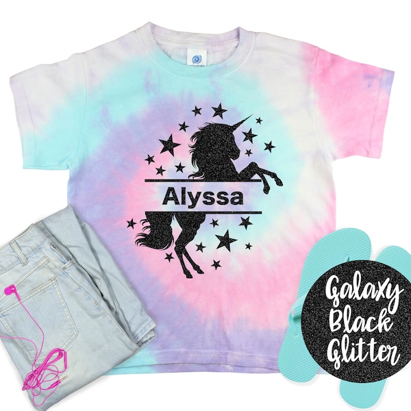 Unicorn Personalized Tie Dye Shirt Shirt Galaxy Bright Black Glitter Vinyl Rainbow Shirt Tie Dye Unicorn Glitter Girl Shirt