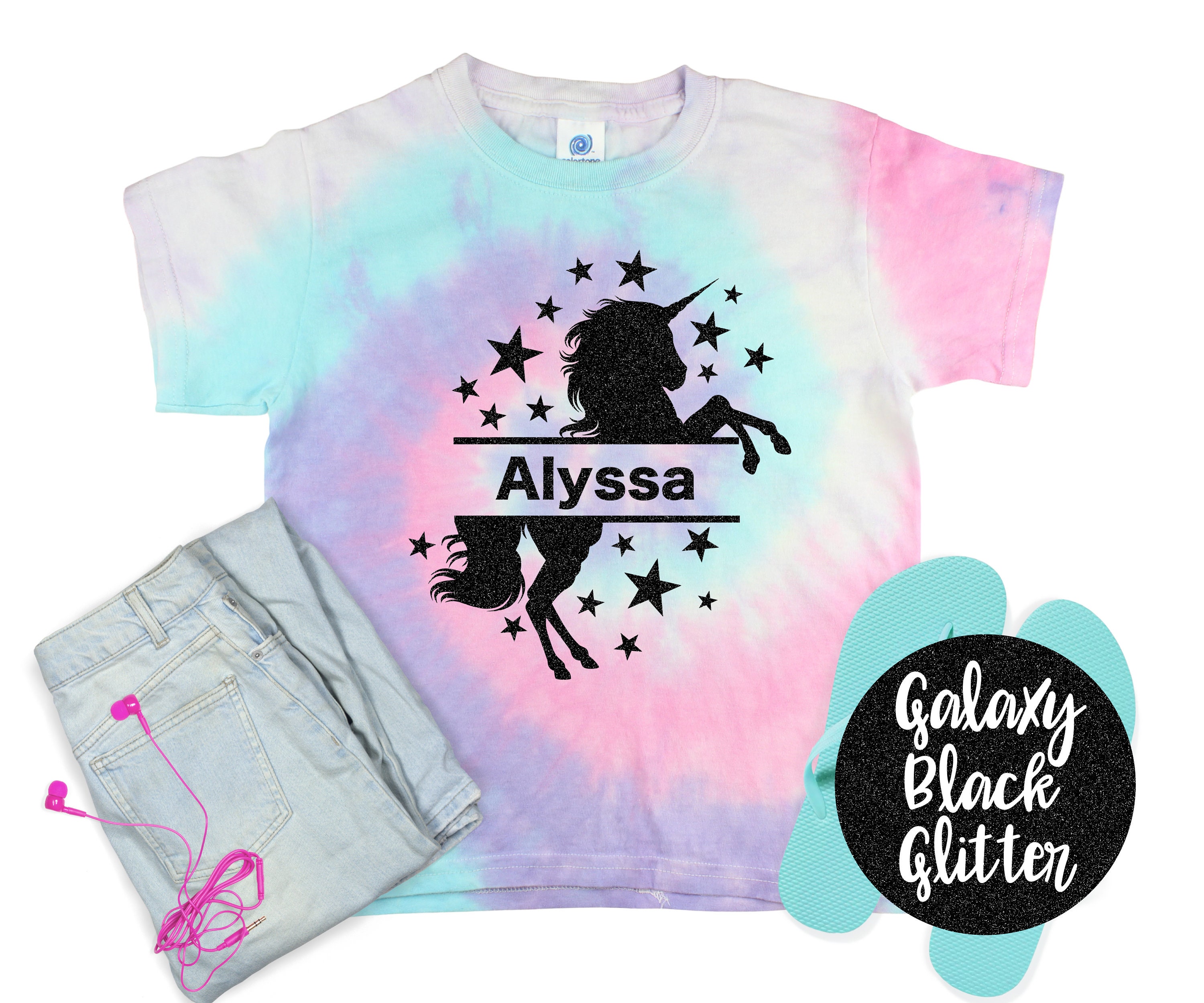 Unicorn Personalized Tie Dye Shirt Shirt Galaxy Bright Black