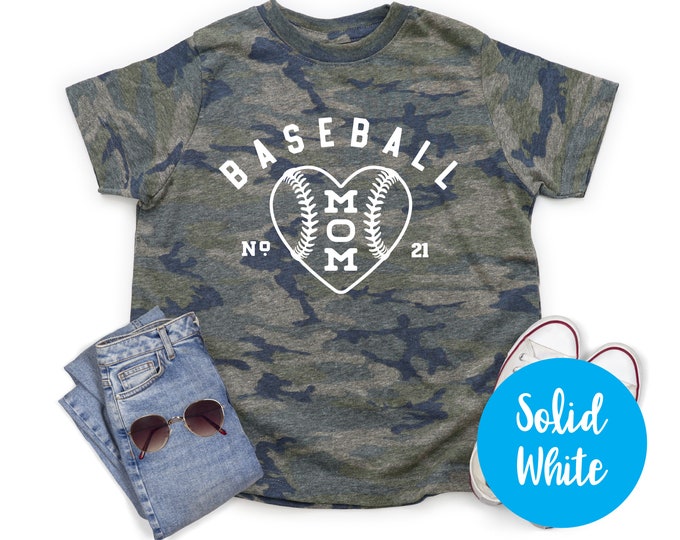 Baseball Mom Heart Camo Shirt Shirt Solid White Vinyl Baseball Shirt Camouflage Shirt Personalized Number Girl Shirt Baseball Fan Shirt