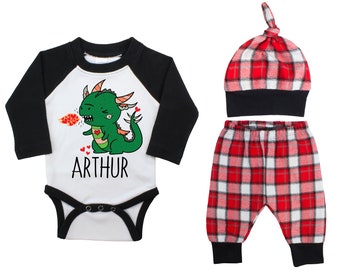 Baby Boy Valentine's Day Dragon Personalized Raglan Outfit Boy Valentines Day Hearts Dragon Bodysuit Baby Boy Buffalo Plaid Flannel Pants