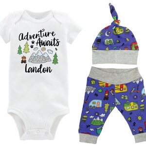 Adventure Awaits Personalized Newborn Boy Going Coming Home Set Bodysuit Infant Camping Boy Coming Home Outfit Camper Baby Shower Gift