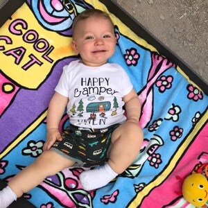 Boy Happy Camper Personalized Camping Outfit Baby Toddler Camper Shorts Orange Camper Boy First Camping Trip Outdoors Campfire Trees image 3