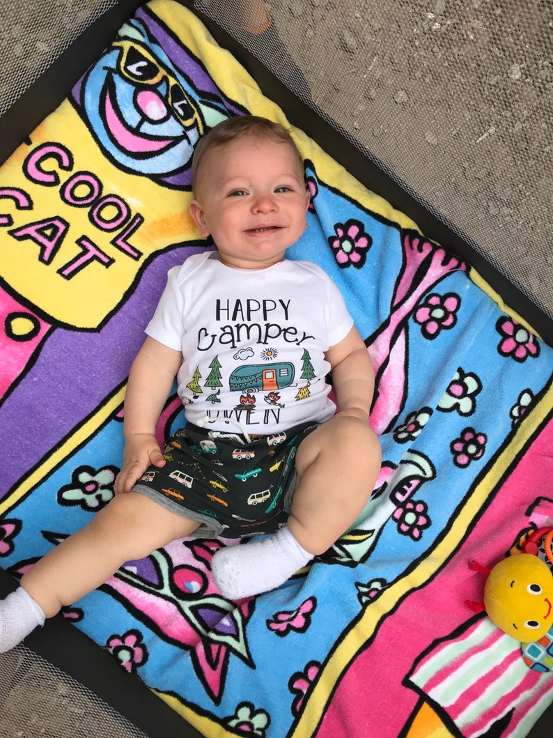 Boy Happy Camper Personalized Camping Outfit Baby Toddler Camper Shorts Orange Camper Boy First Camping Trip Outdoors Campfire Trees image 3