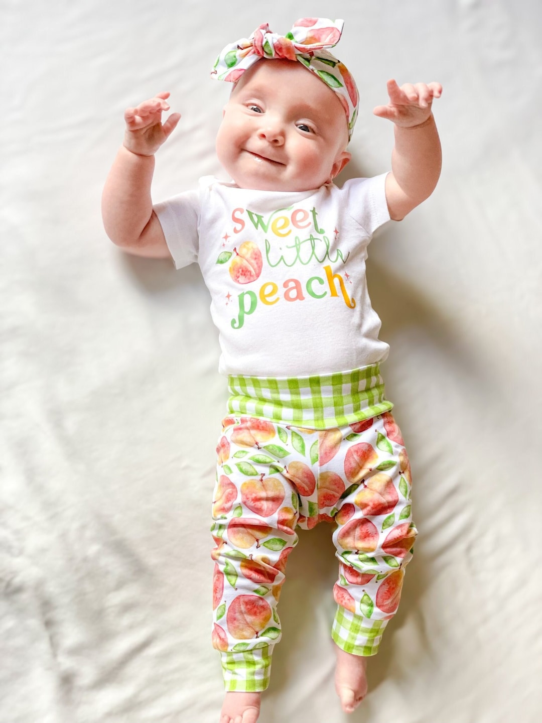 Sweet Little Peach Green Gingham Baby Girl Outfit Peachy Sweet One