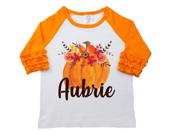 Fall Floral Pumpkin Shirt Monogram Name Personalized Watercolor Floral Girl Shirt Orange Red Girly Pumpkin Halloween Thanksgiving