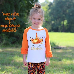 Fall Pumpkin Unicorn Face Orange Ruffle Raglan Shirt Personalized Flutter Sleeve Fall Floral Girl Shirt Watercolor Floral Orange Flowers image 1