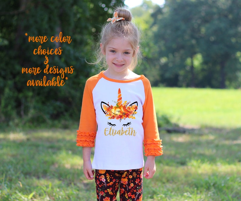 Fall Pumpkin Unicorn Face Orange Ruffle Raglan Shirt Personalized Flutter Sleeve Fall Floral Girl Shirt Watercolor Floral Orange Flowers image 1