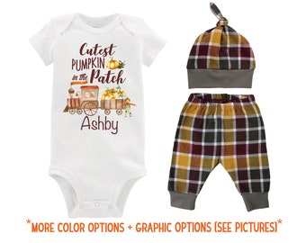 Boy Cutest Pumpkin in the Patch Fall Train Shirt Outfit Bodysuit Pumpkin Plaid Maroon Flannel Pants Baby Gift Top Knot Hat HANDMADE in USA