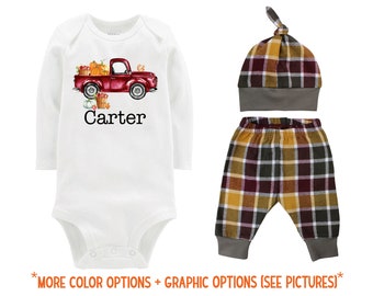 Boy Personalized Apple Orchard Fall Truck Shirt Outfit Bodysuit Fall Plaid Maroon Mustard Green Flannel Pants Baby Gift Top Knot Hat