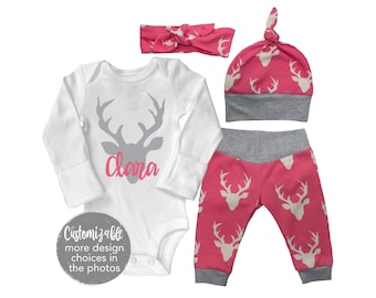 Gepersonaliseerde meisje herten baby outfit pasgeboren naar huis gaan Romper Buck roze en grijze yoga broek legging hoofdband knoop hoed baby cadeauset