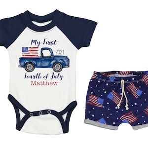 Boy My First Fourth of July Raglan Outfit Personalized Outfit Baby Summer Bodysuit 4th of July Blue Truck Outfit Unisex Flag Shorts