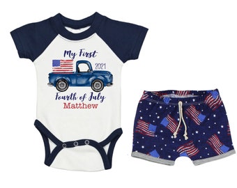 Boy My First Fourth of July Raglan Outfit Personalized Outfit Baby Summer Bodysuit 4th of July Blue Truck Outfit Unisex Flag Shorts