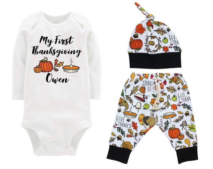 Boy First Thanksgiving Outfit Fall Baby Raglan Outfit Pumpkin Pie Turkey Give Thanks Knot Hat Black Raglan Knit Jogger Pants Newborn Toddler