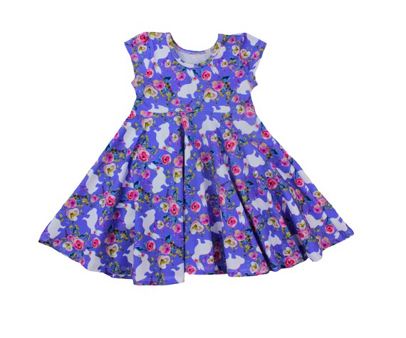 Vestito a ruota pasquale con stampa floreale coniglietto viola