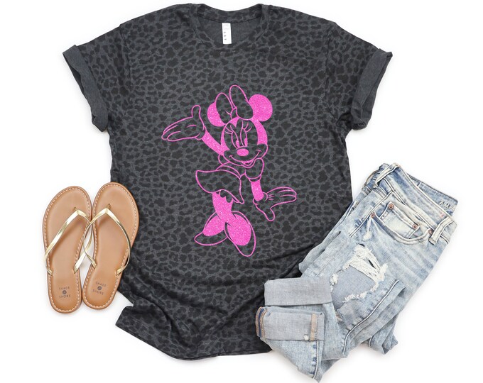 Minnie Mouse Gray Leopard Shirt Pink Glitter Vinyl Toddler Youth Adult Leopard Disney Trip Matching Tee Disney Minnie Shirt Minnie Mouse Tee