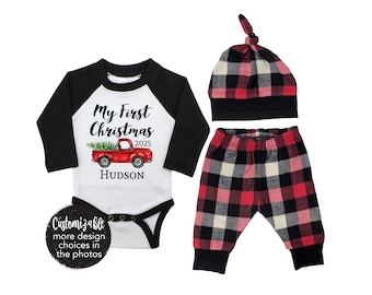 My First Christmas 2025 Forest Red Truck Personalized Outfit Winter Boy Raglan Outfit Christmas Tree Plaid Pants Knot Hat Black Baby Raglan