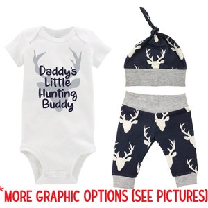 Daddy's Little Hunting Buddy Baby Outfit Deer Navy Gray Bodysuit Infant Gift Set Coming Home Outfit Buck Deer Grey and Navy Gift Baby Shower