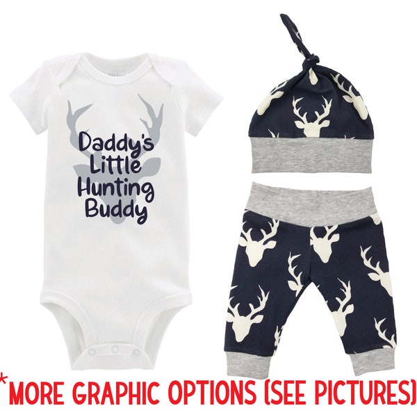 Daddy's Little Hunting Buddy Baby Outfit Deer Navy Gray Bodysuit Infant Gift Set Coming Home Outfit Buck Deer Grey and Navy Gift Baby Shower