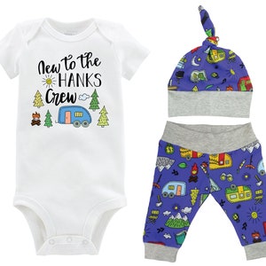 New to the Crew Personalized Boy Going Home Set Bodysuit Infant Gift Set Camping Boy Coming Home Outfit Camper Baby Shower Gift