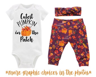 Girl Cutest Pumpkin in the Patch Outfit Mauve Watercolor Floral Yoga Leggings Headband Infant Fall Outfit Floral Pumpkin Orange Baby Infant