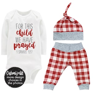 Boy Plaid For this Child we Have Prayed Coming Home Outfit Infant Gift Set Newborn Red Gray Tartan Plaid Pants Knot Hat Bodysuit Christmas