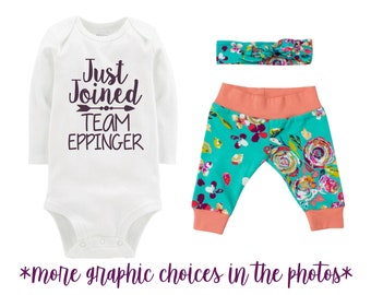 Girl Going Home Outfit Just Joined Team Newborn Infant Set Fall Watercolor Floral Yoga Leggings Headband Arrow Teal Floral Infant Gift Set