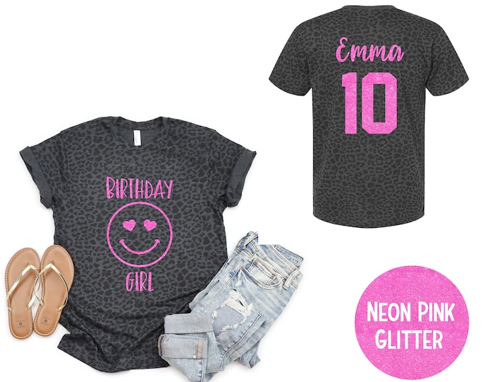Birthday Girl Smiley Face Gray Leopard Shirt Birthday Party Girl Pink Glitter Vinyl Birthday Girl Tee Pink Sparkle Birthday Leopard Shirt