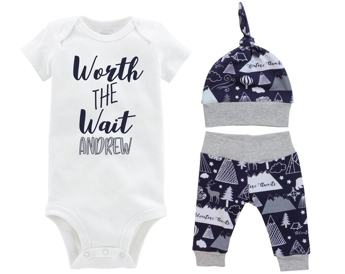 Boy Worth the Wait Going Home Outfit Yoga Pants Personalized Navy Gray Adventure Mountains Bear Deer Coming Home Top Knot Hat Newborn Baby