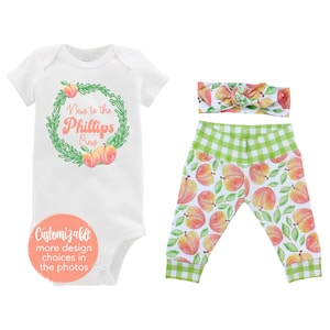 New to the Crew Personalized Outfit Gingham Baby Girl Peachy Sweet One Outfit Fall Baby Peach Crew Outfit Yoga Pants Headband Infant Newborn