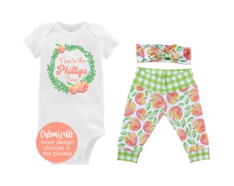 New to the Crew Personalized Outfit Gingham Baby Girl Peachy Sweet One Outfit Fall Baby Peach Crew Outfit Yoga Pants Headband Infant Newborn