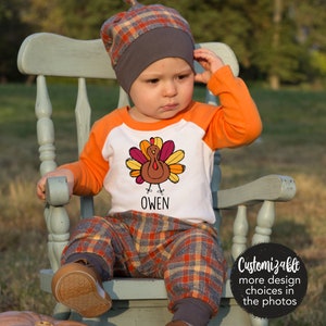 Personalized Turkey Baby Boy Outfit First Thanksgiving Set Orange Flannel Plaid Pants Knot Hat Pumpkins Halloween Handmade in the USA