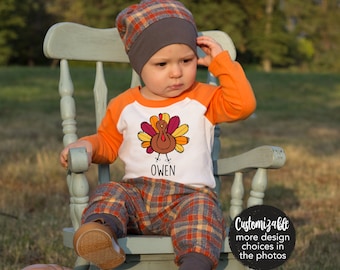 Personalized Turkey Baby Boy Outfit First Thanksgiving Set Orange Flannel Plaid Pants Knot Hat Pumpkins Halloween Handmade in the USA