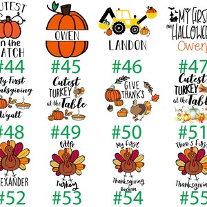 May include: A collection of 11 Thanksgiving and Halloween themed designs featuring turkeys, pumpkins, and tractors. The designs are numbered 44 through 55 and include names like Owen, Landon, Wyatt, Alexander, and Theo.
