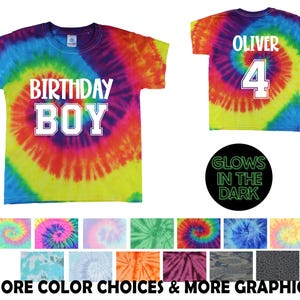 Birthday Boy Tie Dye Shirt Glow in the Dark Reactive Rainbow Tie Dye Jersey Font Personalized Birthday Party Shirt Age Name Rainbow Spiral