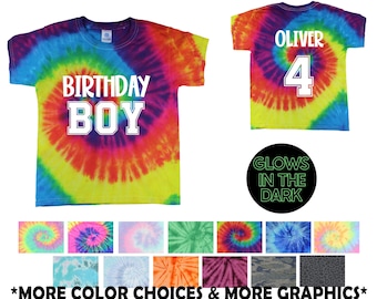 Birthday Boy Tie Dye Shirt Glow in the Dark Reactive Rainbow Tie Dye Jersey Font Personalized Birthday Party Shirt Age Name Rainbow Spiral
