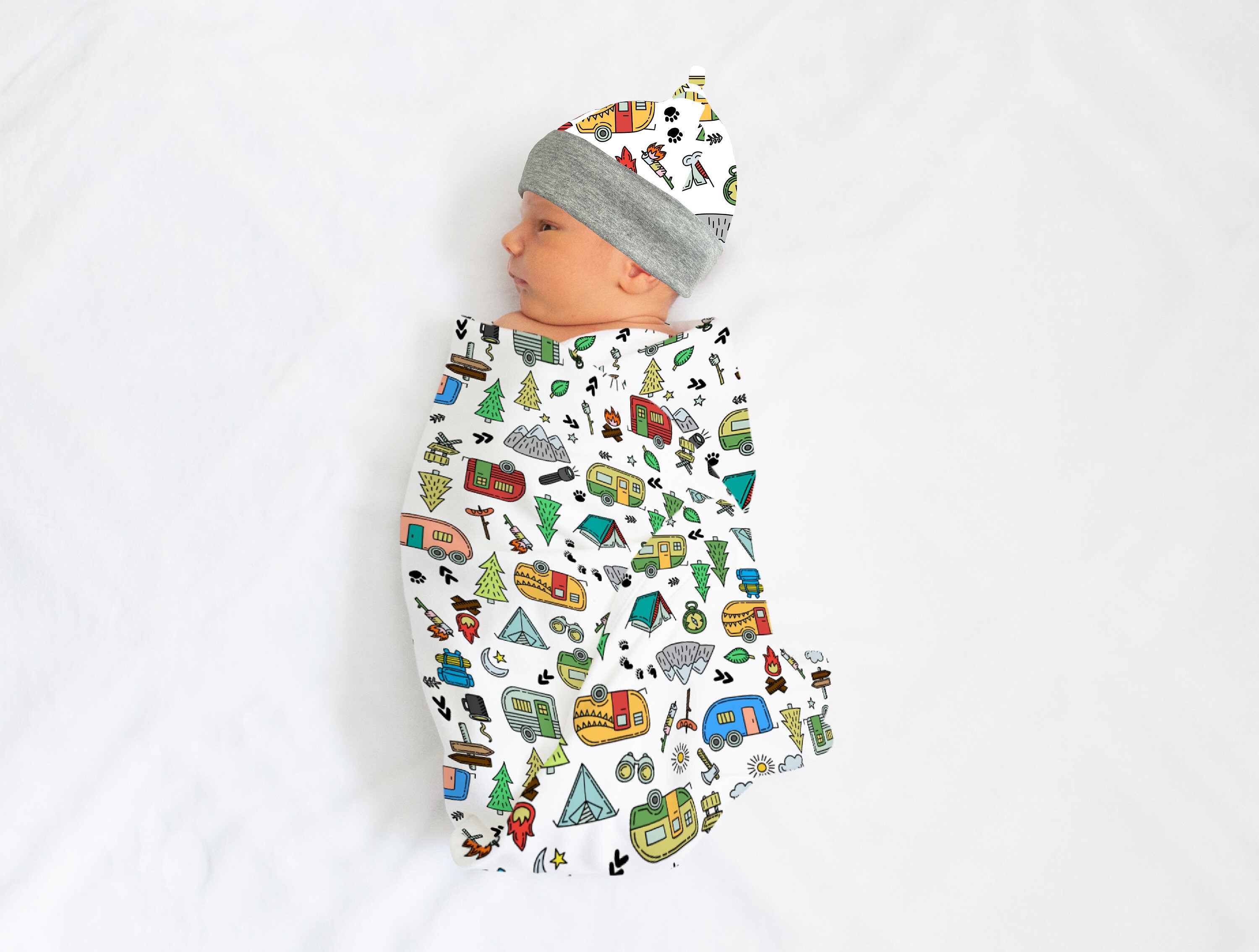 Camping Newborn Swaddle Blanket Set Boy Camper Top Knot Hat Etsy UK