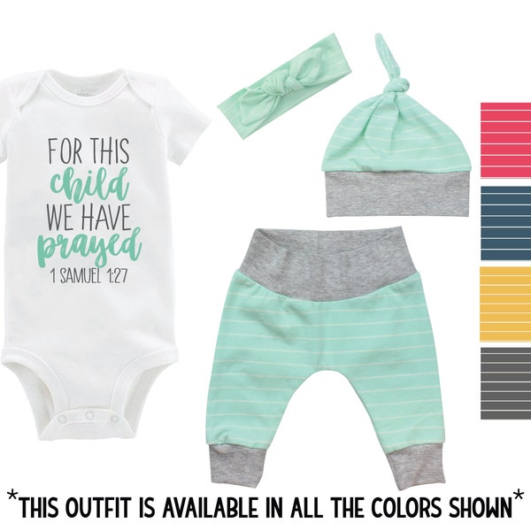 For This Child We Have Prayed Going Home Outfit Yoga Pants Colored Stripe Boy Girl Coming Home Top Knot Hat Baby Shower Gift Newborn Baby