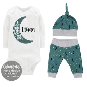 I Love You to the Moon and Back Personalized Boy Coming Home Outfit Bodysuit Infant Gift Set Blue Clouds Boy Going Home Set Newborn