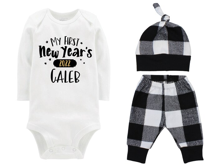 My First New Year's 2022 Personalized White Onesie Outfit Baby Unisex Happy New Year Gold Sparkle Boy White Black Plaid Flannel Pants
