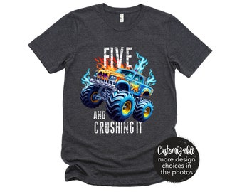 Crushing It Birthday Monster Truck Shirt Custom Age Three Four Five Six Personalized Birthday Boy Girl Roaring Dinosaur Back to School Tee